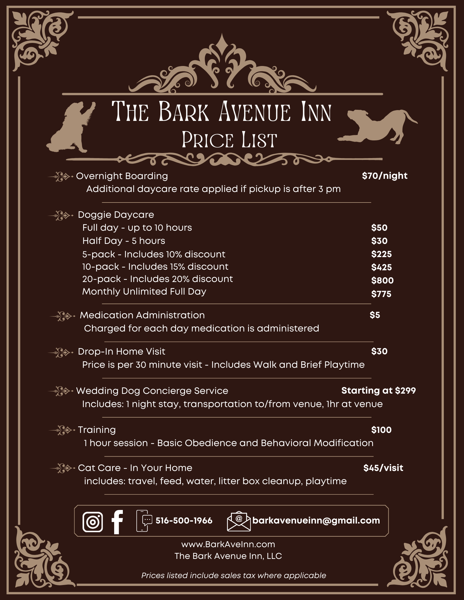 The Bark Avenue Inn 2025 Pricing Table